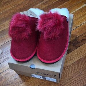 BearPaw Red Women's Slippers with White Fur